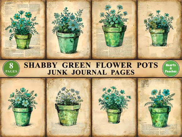 Download Shabby Green Flower Pots Junk Journal - Junk journal Collection