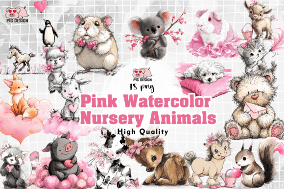 Download Pink Watercolor Nursery Animals PNG - Premium Bundle